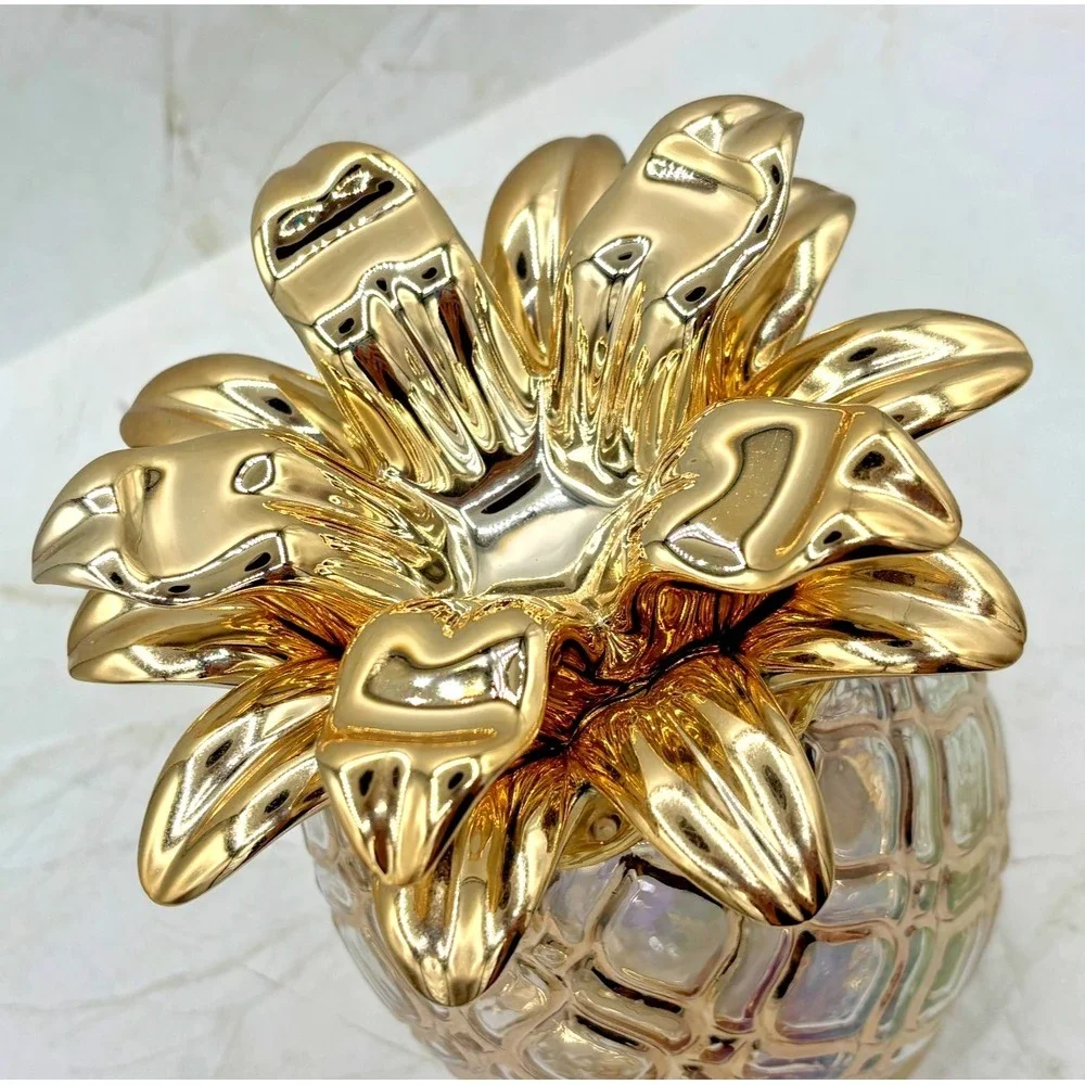 Bath & Body Works Glass Pineapple 3-Wick‎ Candle Holder Pedestal Gold Iridescent